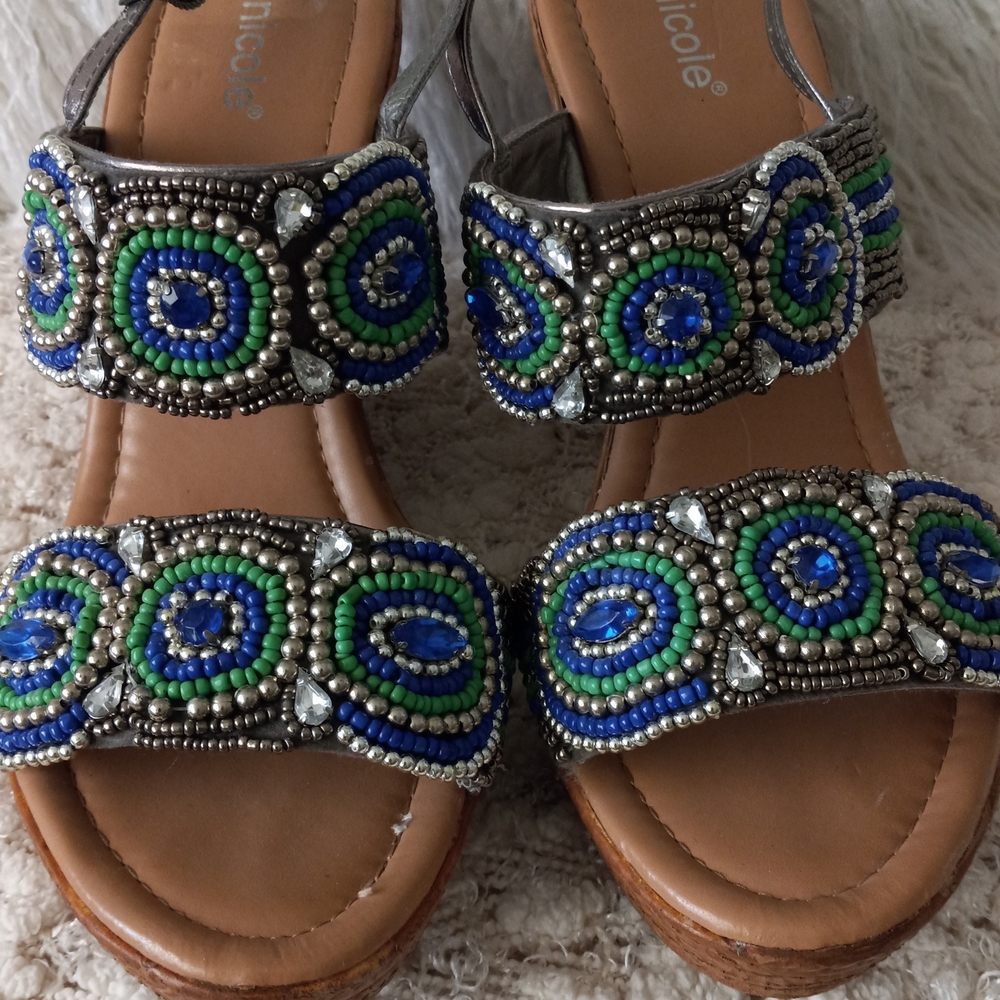 Nicole Beaded Sandals - Blue, Silver and Green Size 8 1/2